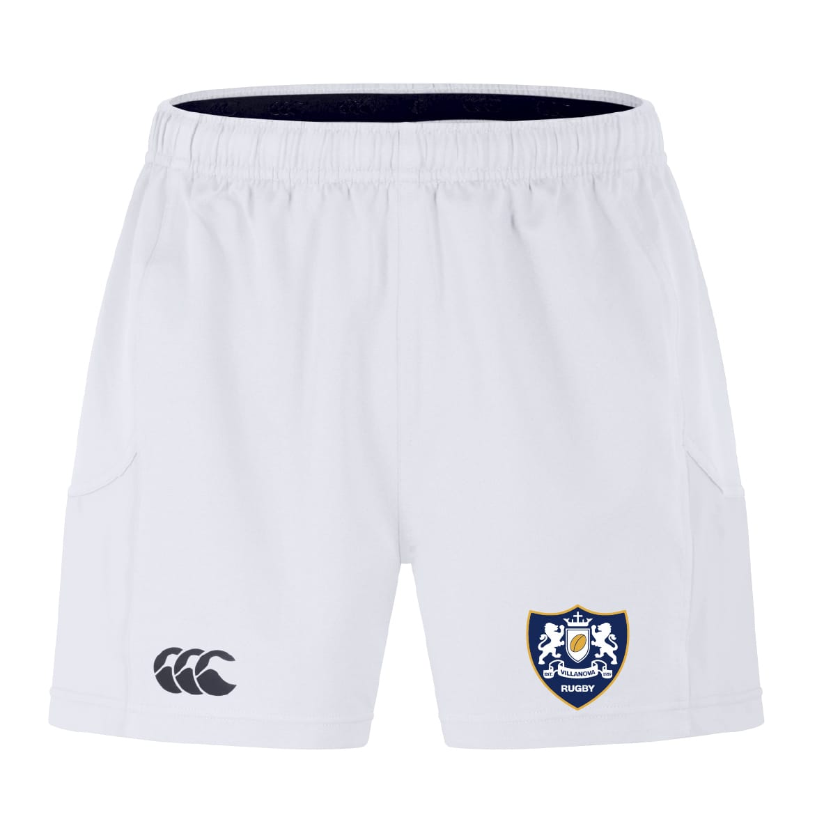 The Villanova Rugby Club Advantage Short 2.0 by EMB Canterbury features an elastic waistband, black Canterbury logo on the left leg, blue and gold Villanova crest on the right, and is made from recycled content sportswear for sustainability.