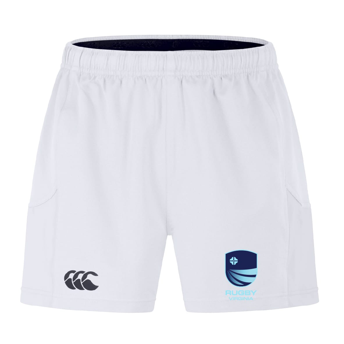 The Rugby VA Advantage Short 2.0 by EMB Canterbury features an elastic waistband, recycled materials, the Canterbury logo on the left leg, and the Rugby Virginia logo on the right leg.