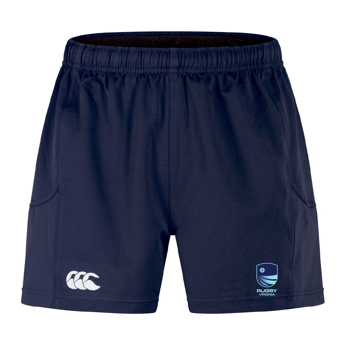 The Rugby VA Advantage Short 2.0 by EMB Canterbury features a navy blue design with an elastic waistband, white Canterbury logo on the left leg, Rugby World Cup logo on the right, and is made from recycled materials for eco-friendly comfort.