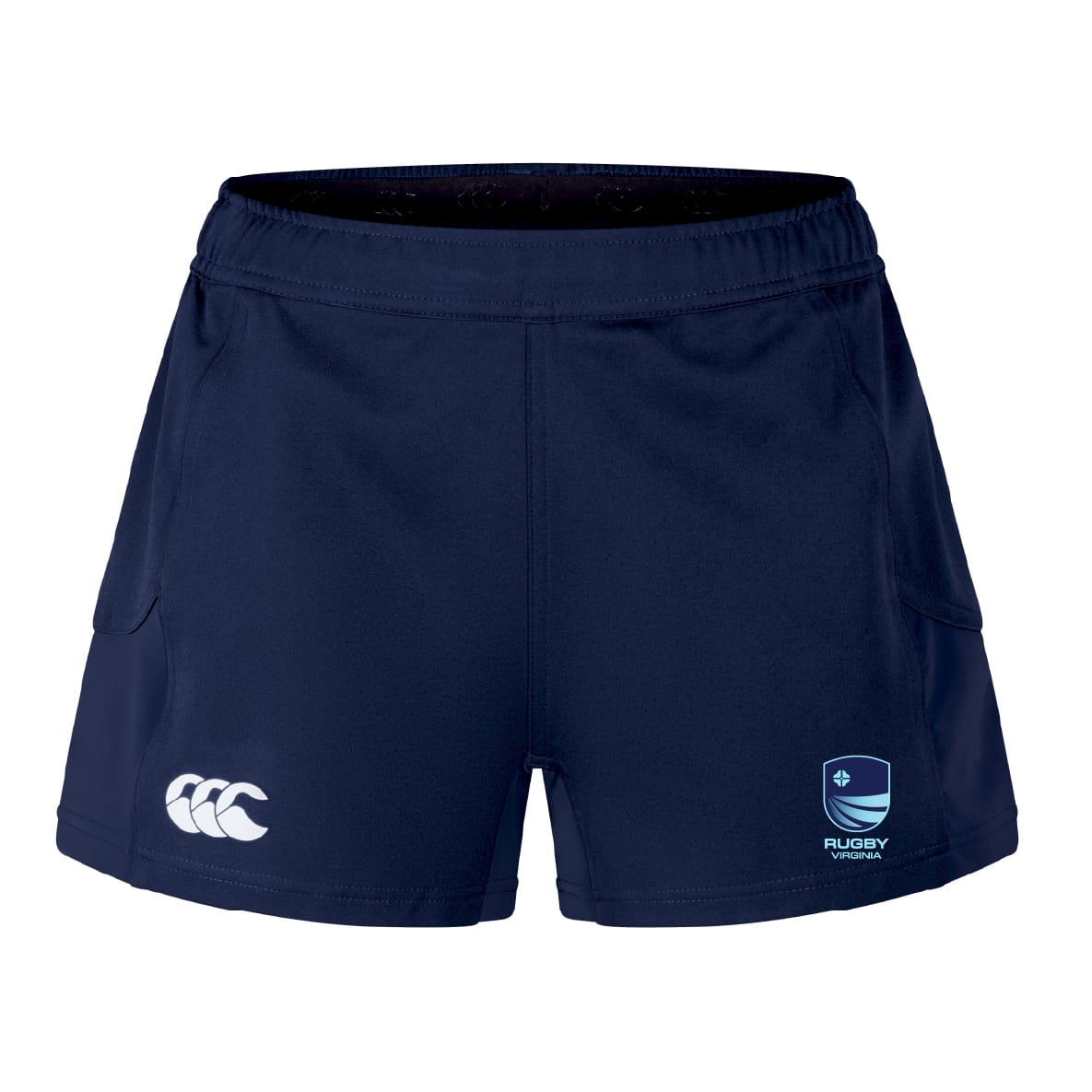 The Rugby VA Women's Advantage Short 2.0 by EMB Canterbury features navy blue fabric, a white Canterbury logo on the left leg, and a blue Rugby World Cup logo on the right—crafted for top performance training.