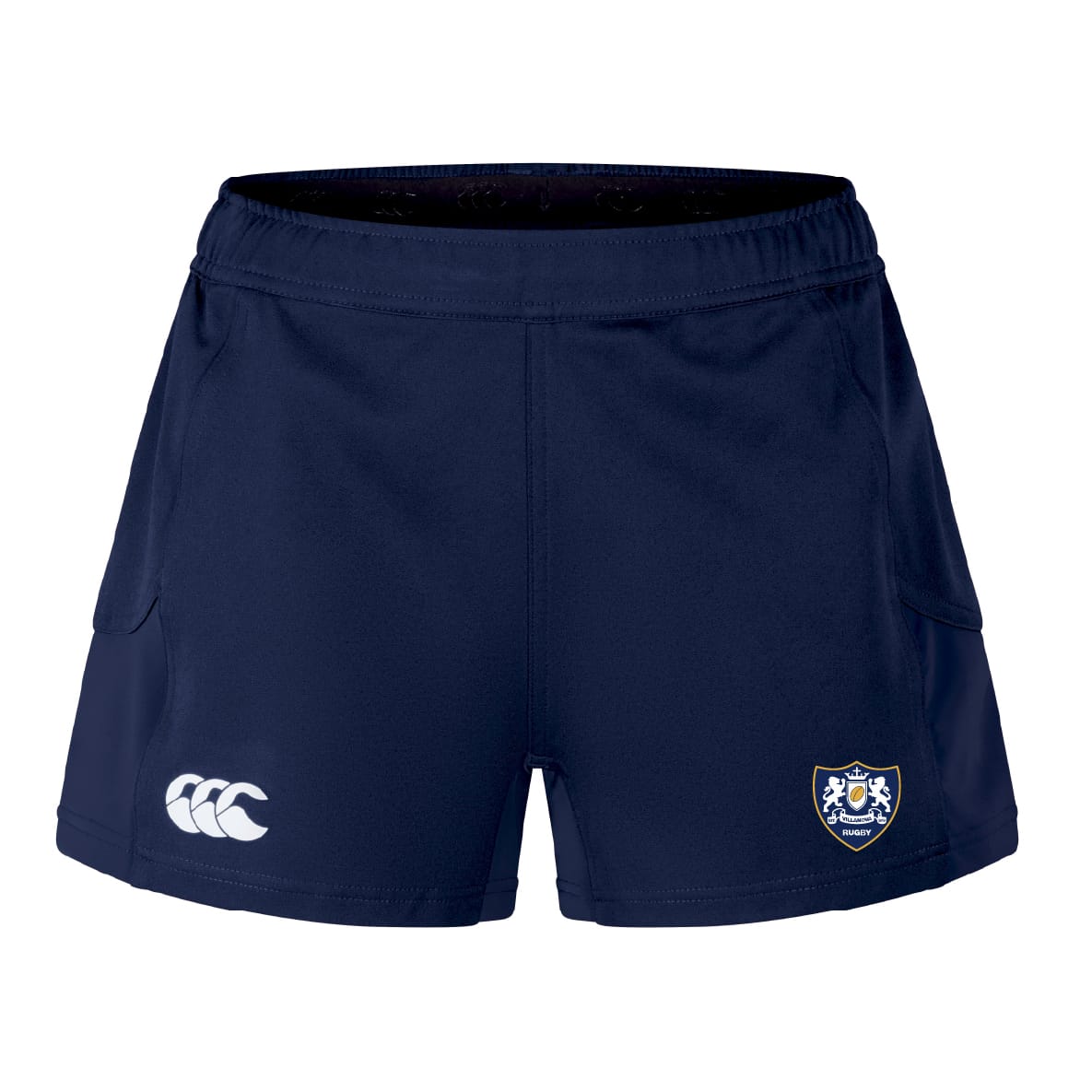 The EMB Canterbury Villanova Rugby Club Women's Advantage Short 2.0 is navy blue with side pockets, a white Canterbury logo on the left leg, and a multicolored crest on the right.