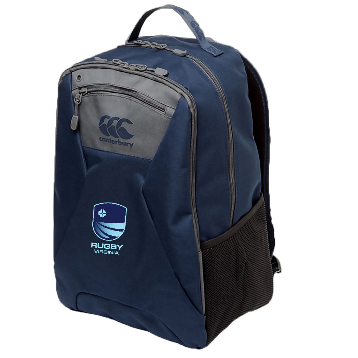 The Rugby VA Medium Backpack by EMB Canterbury features a navy blue design, front zip pocket, mesh side pocket, padded laptop pocket, and a "Rugby Virginia" logo on the lower front.