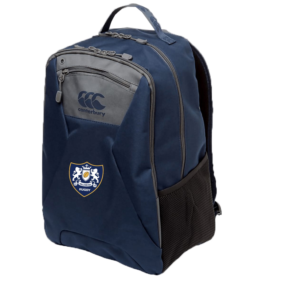 The Villanova Rugby Club Medium Backpack by EMB Canterbury features a navy blue design, front zip pocket, black mesh side pocket, padded laptop pocket, and the rugby club crest on the front.