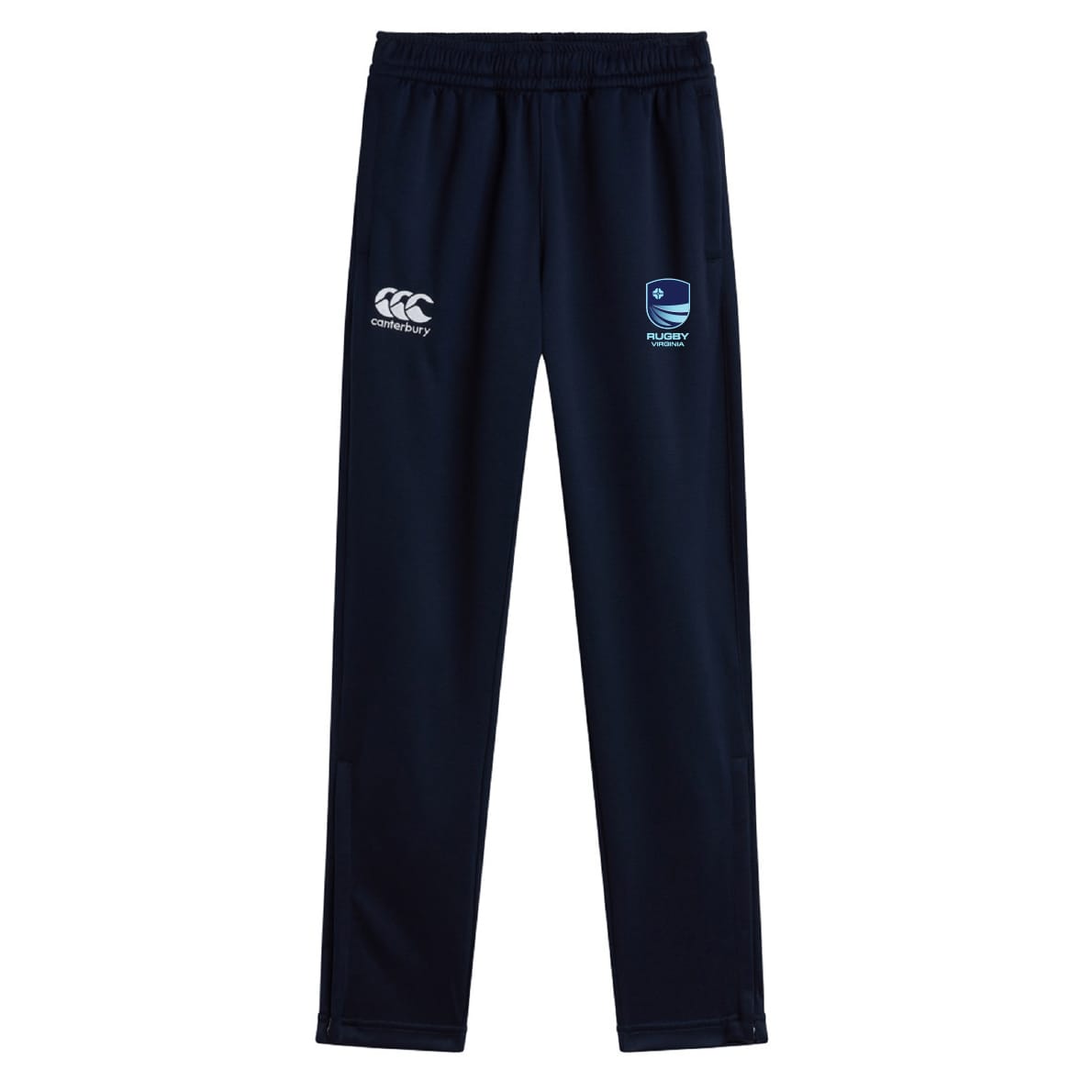 The EMB Canterbury Rugby VA Stretch Tapered Pant features a navy blue color, elastic waistband, white Canterbury logo on the left, blue "Rugby" badge on the right, and a quick-dry design for men's workout comfort.