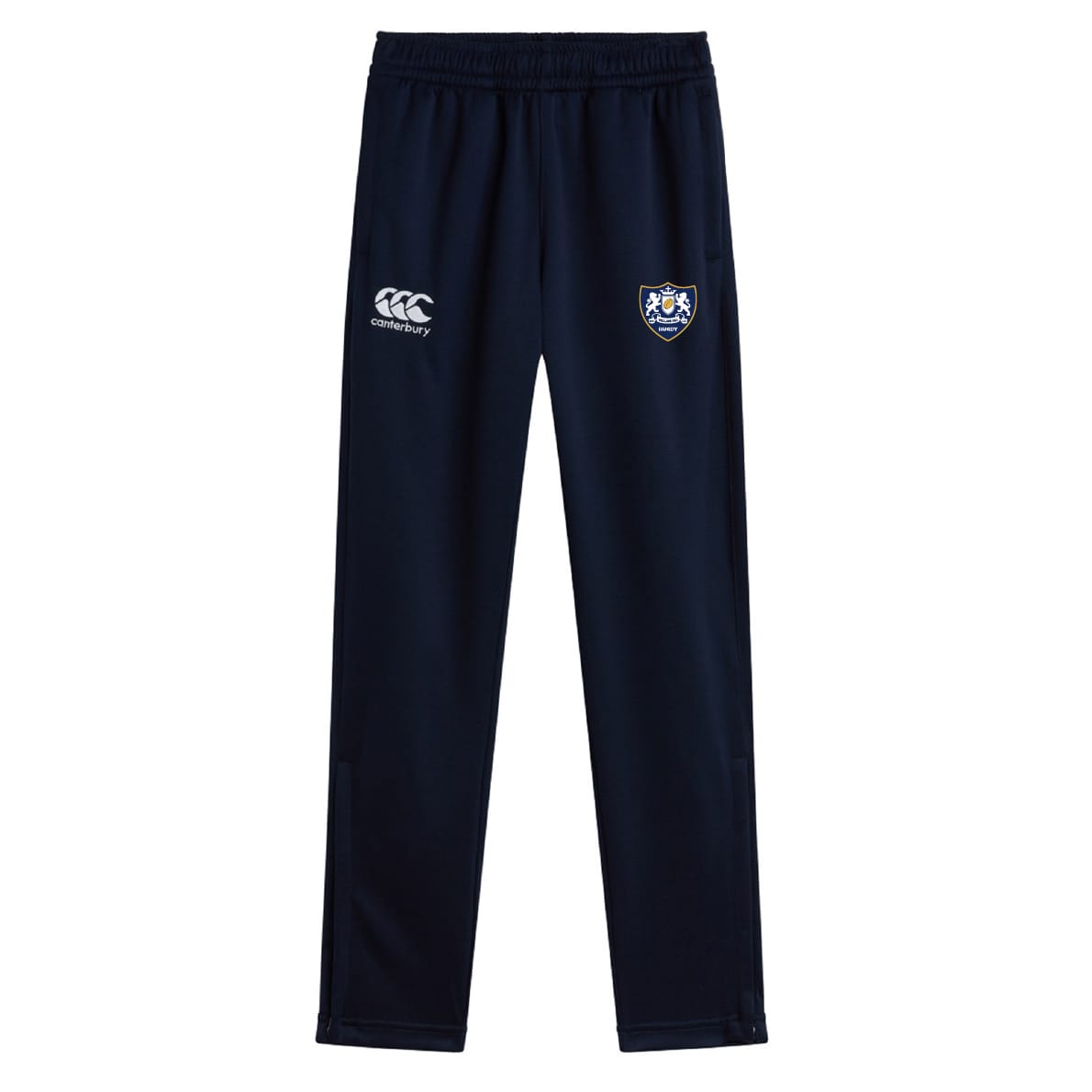 The Villanova Rugby Club Stretch Tapered Pant by EMB Canterbury features a navy design, elastic waistband, white Canterbury logo on the left, and school crest on the right thigh—ideal men’s activewear for comfort and quick-dry performance.