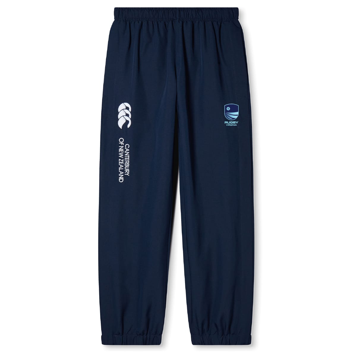 The Rugby VA Cuffed Hem Stadium Pant by EMB Canterbury features a navy blue design, elastic waistband, cuffed hem, and Canterbury and Rugby logos on the upper left leg.