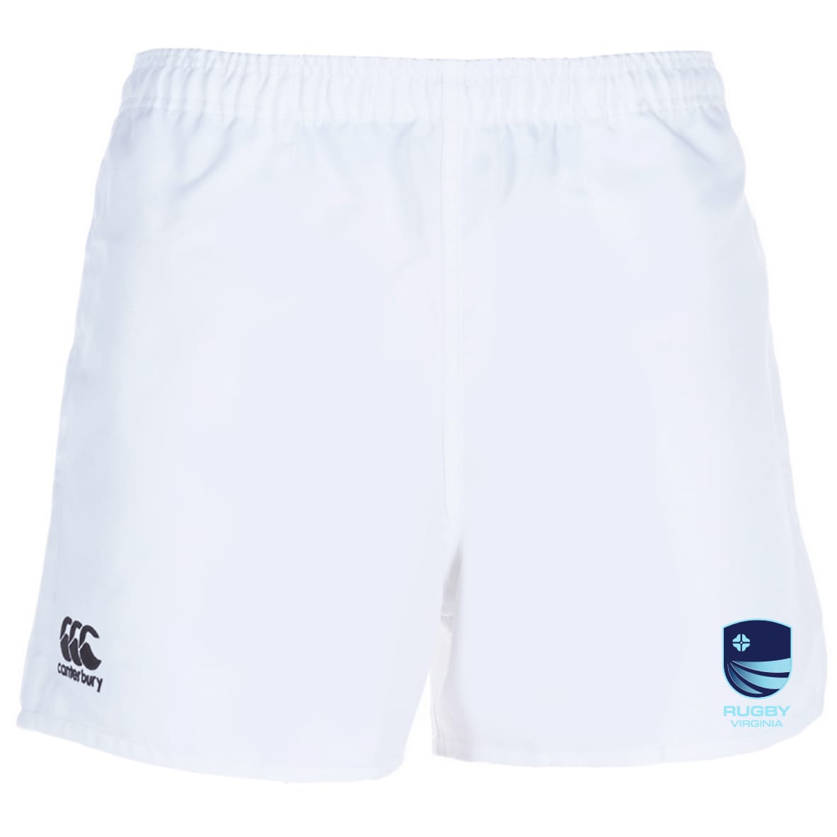 The Rugby VA Professional Polyester Rugby Short by EMB Canterbury is plain white with an elastic waistband, featuring a "Canterbury" logo on the left leg and a "Rugby Virginia" logo on the right.