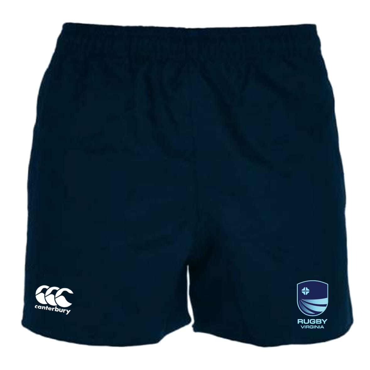 The Rugby VA Professional Polyester Rugby Short by EMB Canterbury is navy blue, features pockets, a Canterbury logo on the left leg, and a Rugby Virginia logo on the right leg.