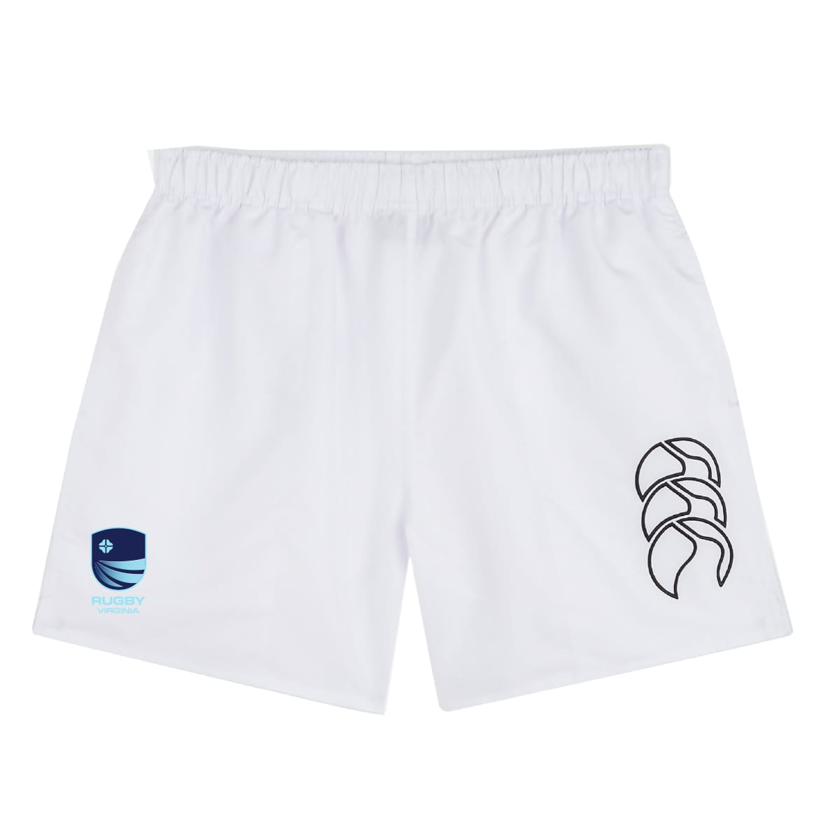 The EMB Canterbury Rugby VA Tactic Short is a white lightweight men's rugby short with an elastic waistband, black logo on the right leg, and blue "Rugby" badge on the left—perfect for training or everyday wear.