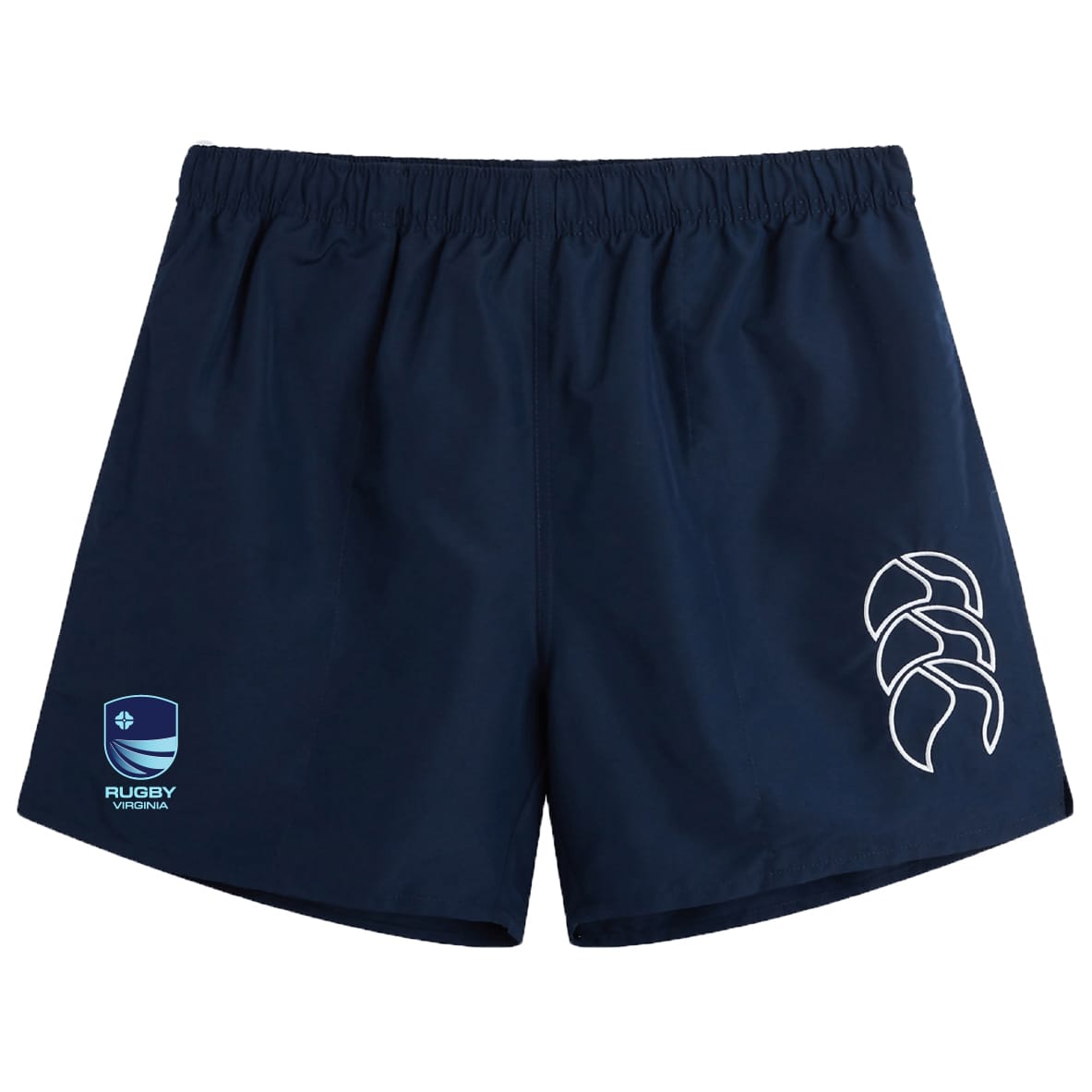 The Rugby VA Tactic Short by EMB Canterbury features an elastic waistband, white logo on the right leg, and blue Rugby Victoria badge on the left—perfect men's rugby or gym shorts.