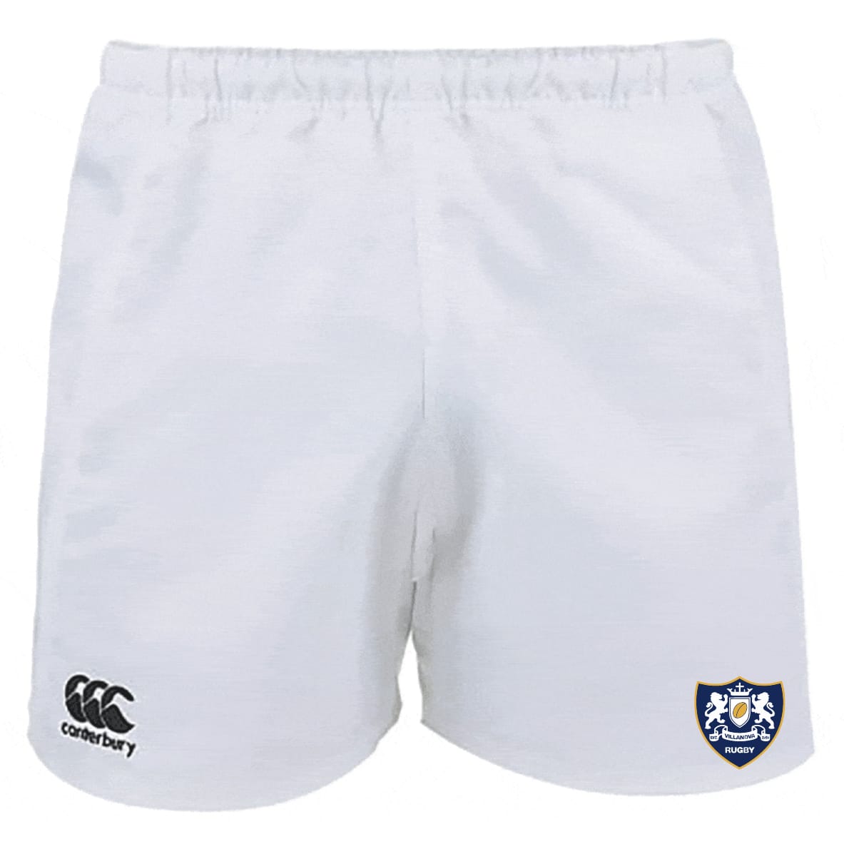 Villanova Rugby Club Advantage Rugby Shorts by EMB Canterbury feature an elastic waistband, moisture-wicking fabric, a Canterbury logo on the left leg, and a blue and white rugby crest on the right leg.