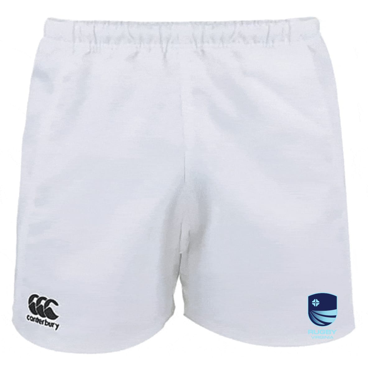 Rugby VA Advantage Rugby Shorts by Canterbury, featuring the EMB Canterbury logo on the left leg and Rugby Virginia logo on the right, made with moisture-wicking fabric for comfort.