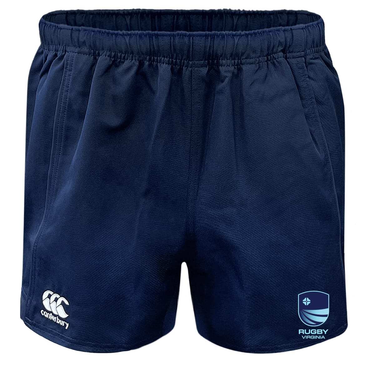 Rugby VA Advantage Rugby Shorts by EMB Canterbury in navy blue feature an elastic waistband, moisture-wicking fabric, the Canterbury logo on the left leg, and a Rugby Virginia logo on the right leg.