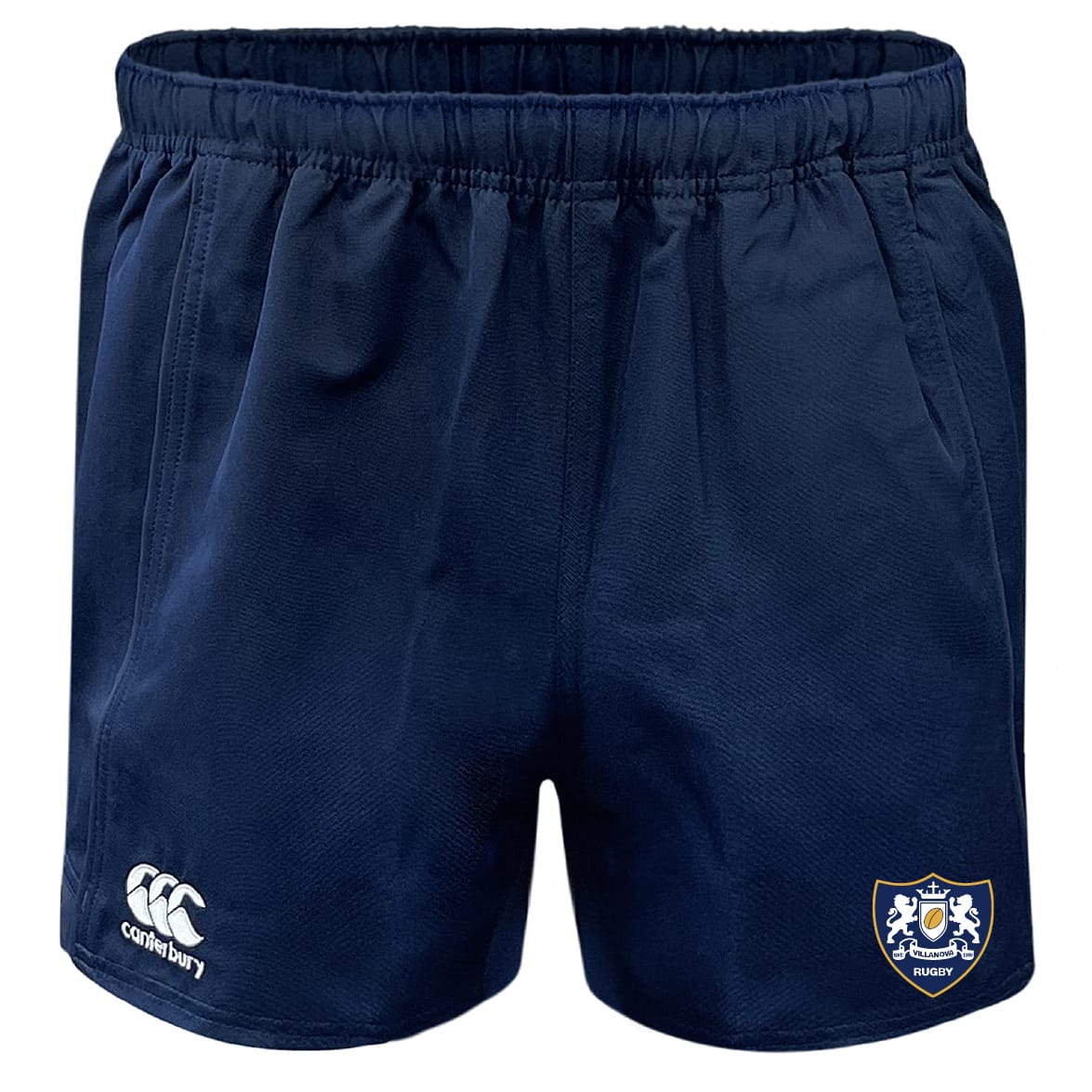 The Villanova Rugby Club Advantage Rugby Shorts by EMB Canterbury feature an elastic waistband, moisture-wicking fabric, a Canterbury logo on the left leg, and the Villanova club crest on the right.
