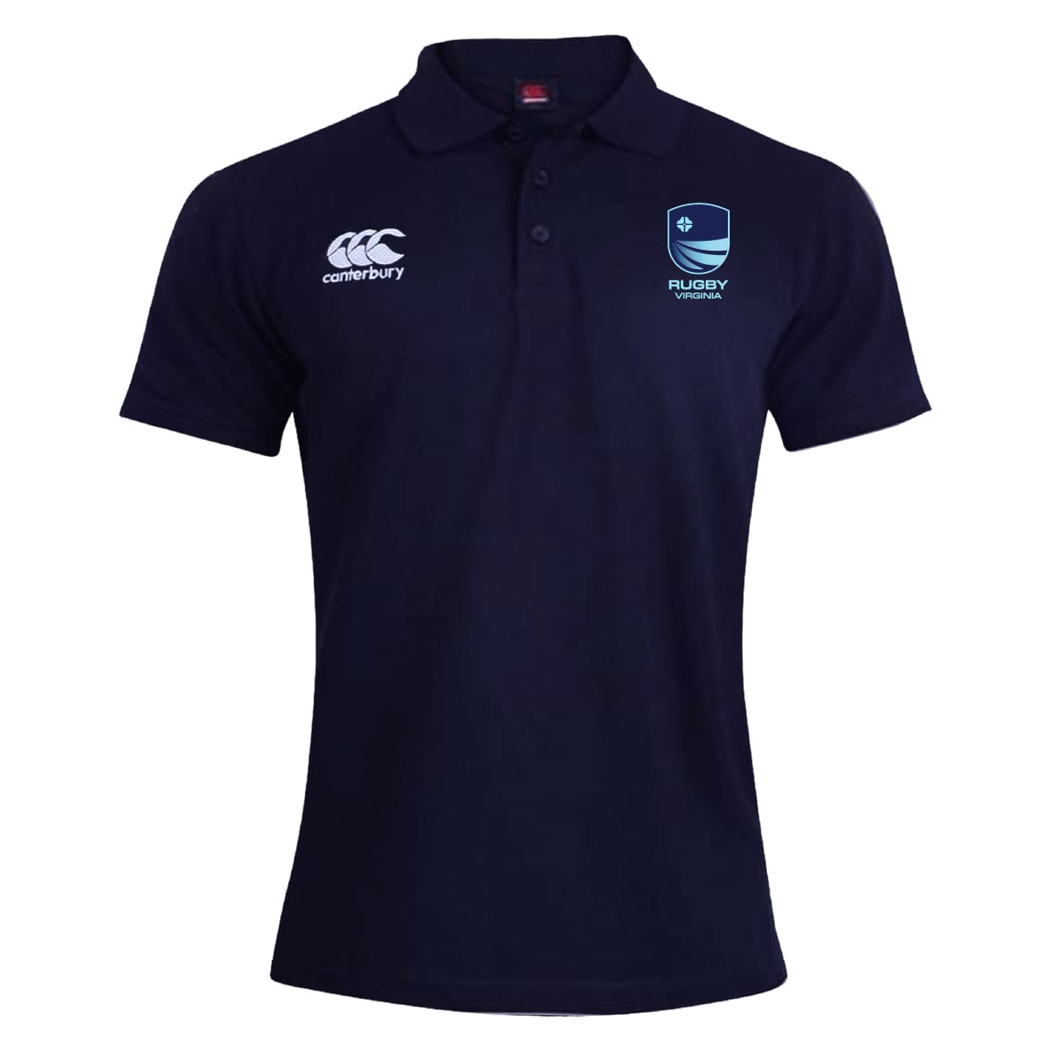 The EMB Canterbury Rugby VA Waimak Polo is a navy blue men's short-sleeve rugby shirt with a white Canterbury logo on the right chest and a blue Rugby Viadana emblem on the left, styled in classic Waimak fashion.