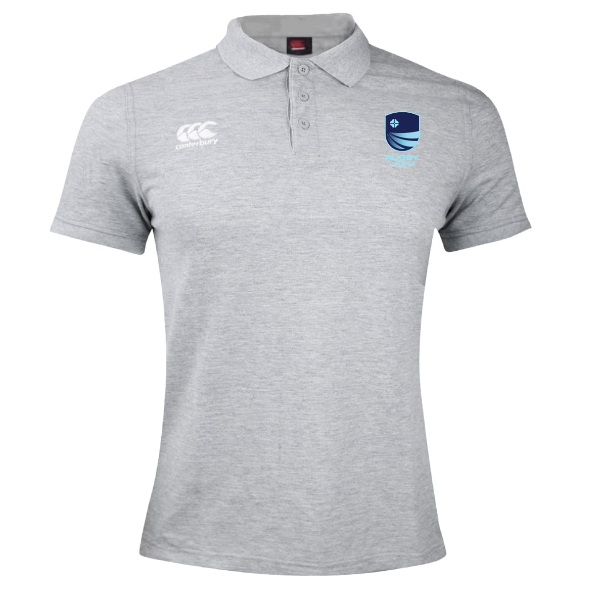 The EMB Canterbury Rugby VA Waimak Polo is a light grey short-sleeve shirt with a collar, featuring the Canterbury logo on the right chest and a blue shield emblem on the left.