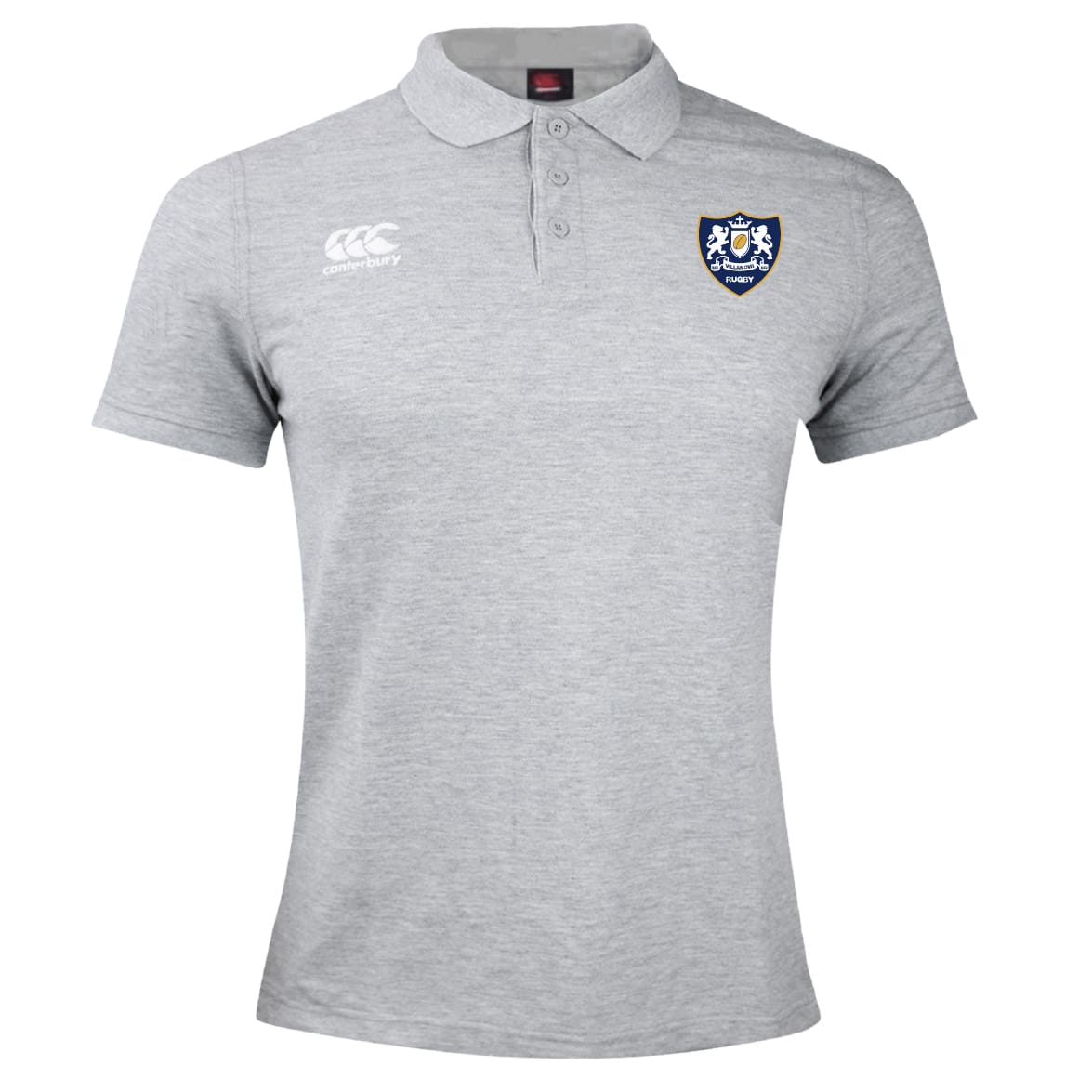 Light grey Villanova Rugby Club Waimak Polo by EMB Canterbury, short-sleeved with a buttoned collar, CCC Waimak Rugby Polo logo on the right chest, and a blue crest badge on the left.