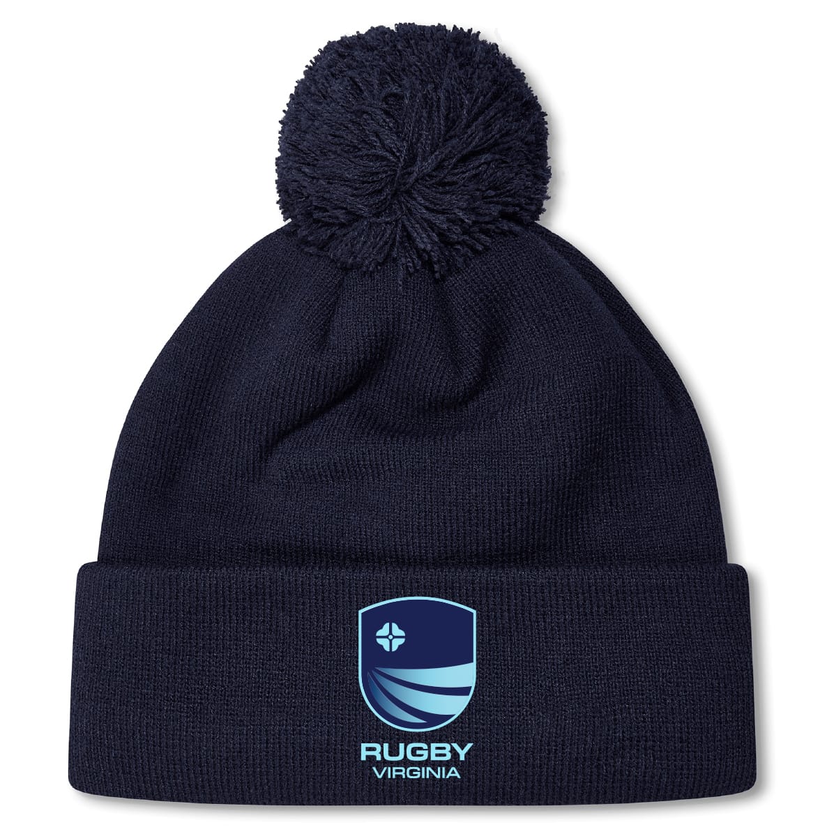 Stay warm on chilly days with the Rugby VA Pom Pom Beanie by Canterbury. This navy blue fleece-lined knit hat features a pom-pom, embroidered blue shield logo, and "Rugby Virginia" text on the front cuff. Brand: EMB Canterbury.