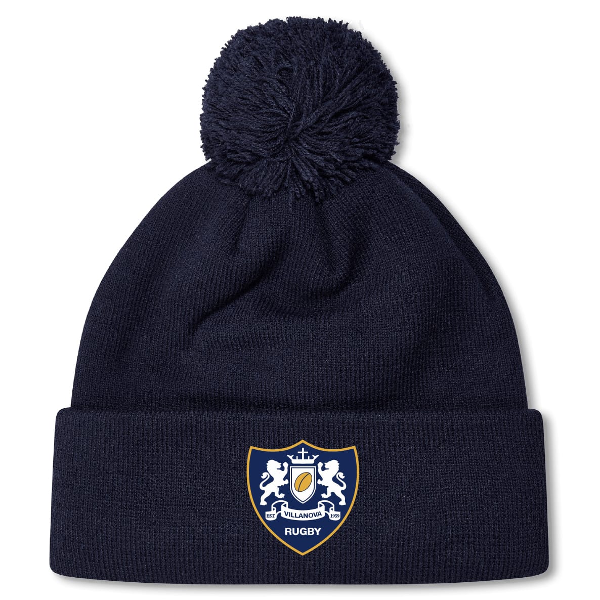 The Villanova Rugby Club Pom Pom Beanie by EMB Canterbury features a cozy navy knit, an embroidered club crest on the front cuff, and a playful pom pom on top.