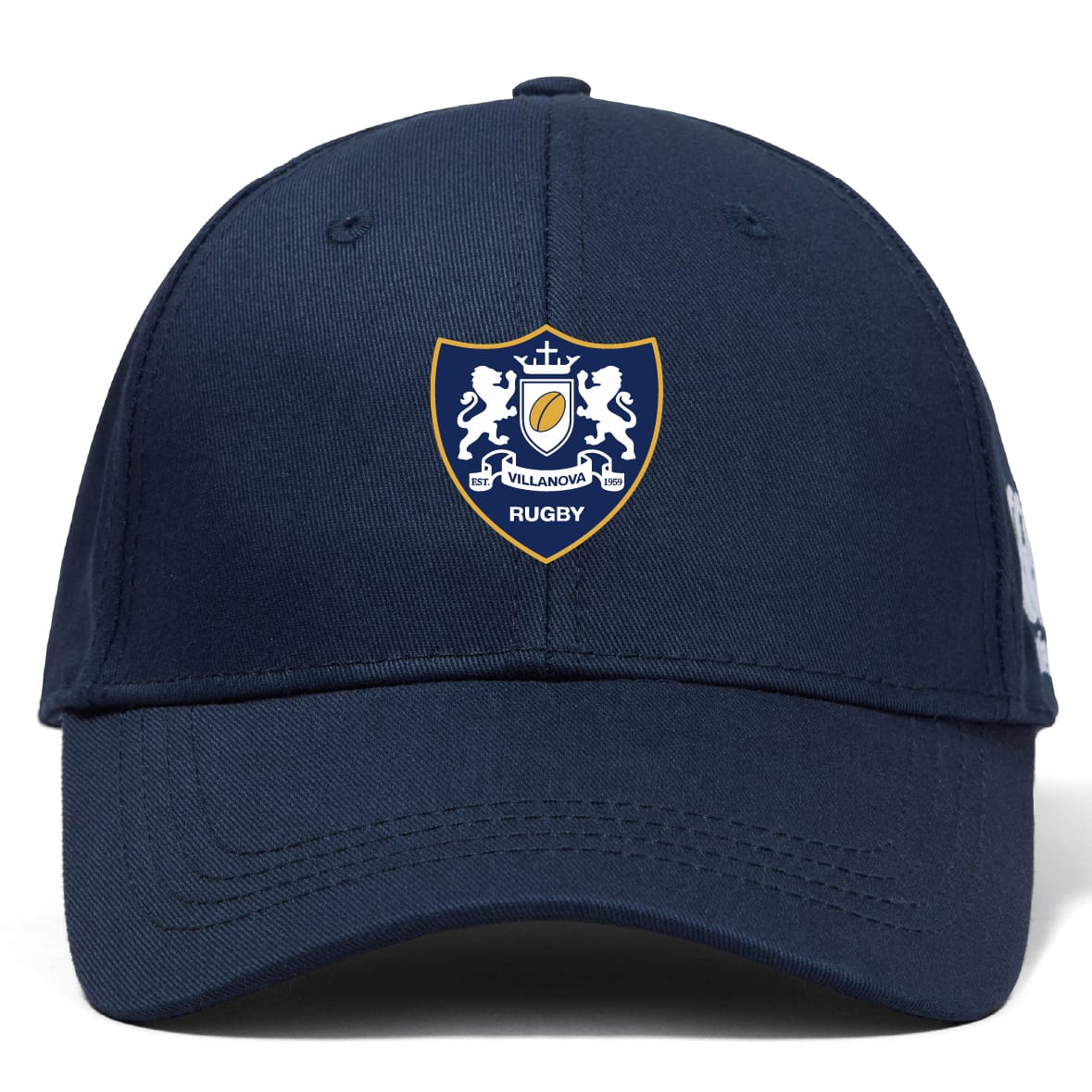 The Villanova Rugby Club Flexfit Drill Cap by EMB Canterbury features a navy blue design with an embroidered crest of two lions and a shield on the front panel.