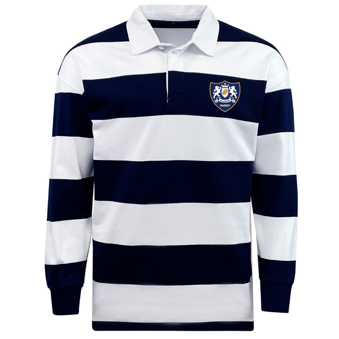 The EMB Mudoo Villanova Rugby Club Classic Long Sleeve Hooped Rugby Jersey features wide navy and white stripes, a classic white collar, and a "Pudsey" crest on the chest for a timeless retro look.