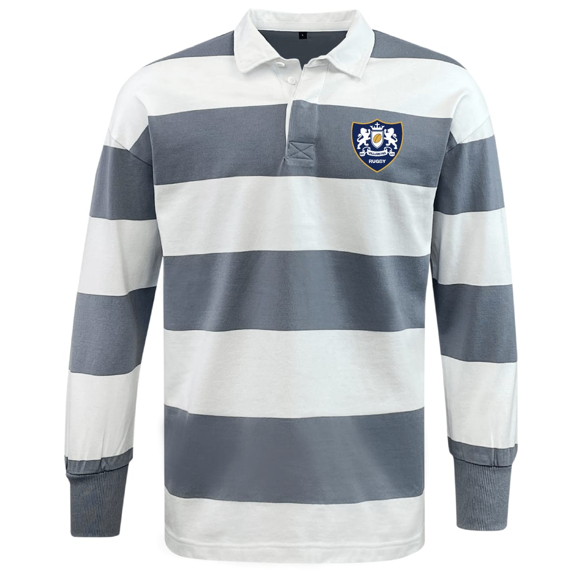 The EMB Mudoo Villanova Rugby Club Classic Long Sleeve Hooped Rugby Jersey features thick white and gray stripes, a white collar with button placket, and a blue crest logo on the left chest for iconic retro style.
