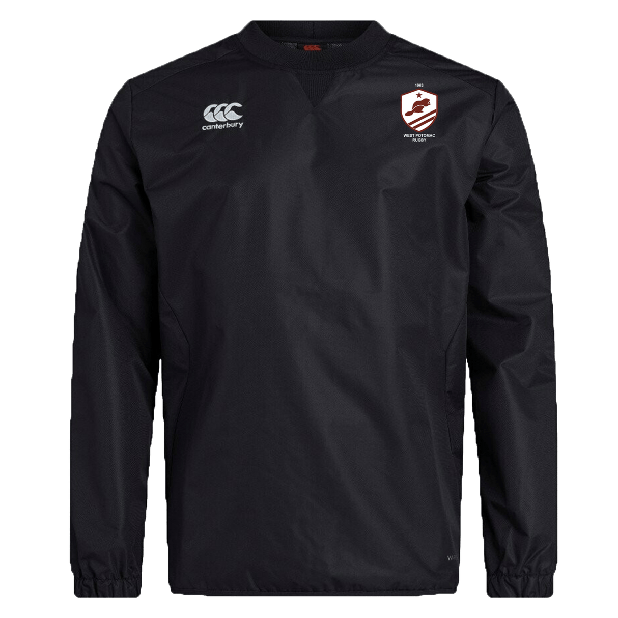 The West Potomac RFC Club Vaposhield Contact Top by EMB Canterbury is a black long-sleeve rugby top with water-repellent Vaposhield, a white Canterbury logo on the right chest, and a red-and-white shield logo on the left.