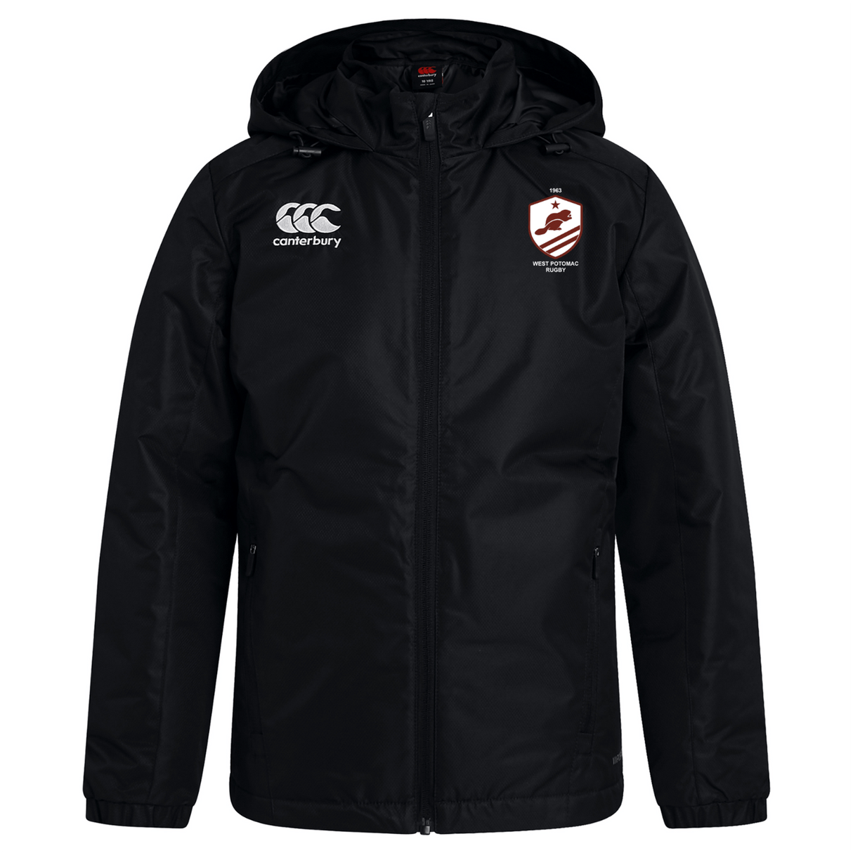 The West Potomac RFC Club Vaposhield Stadium Jacket by EMB Canterbury is a black zip-up hooded jacket with crest logos and padded insulation, shown against a white background.