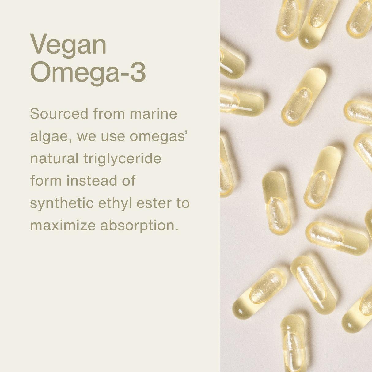 Clear capsules from Momentous The Momentous Three - Vegan are scattered on a beige surface, highlighting vegan omega-3 and protein sourced from marine algae in natural triglyceride form for optimal absorption.