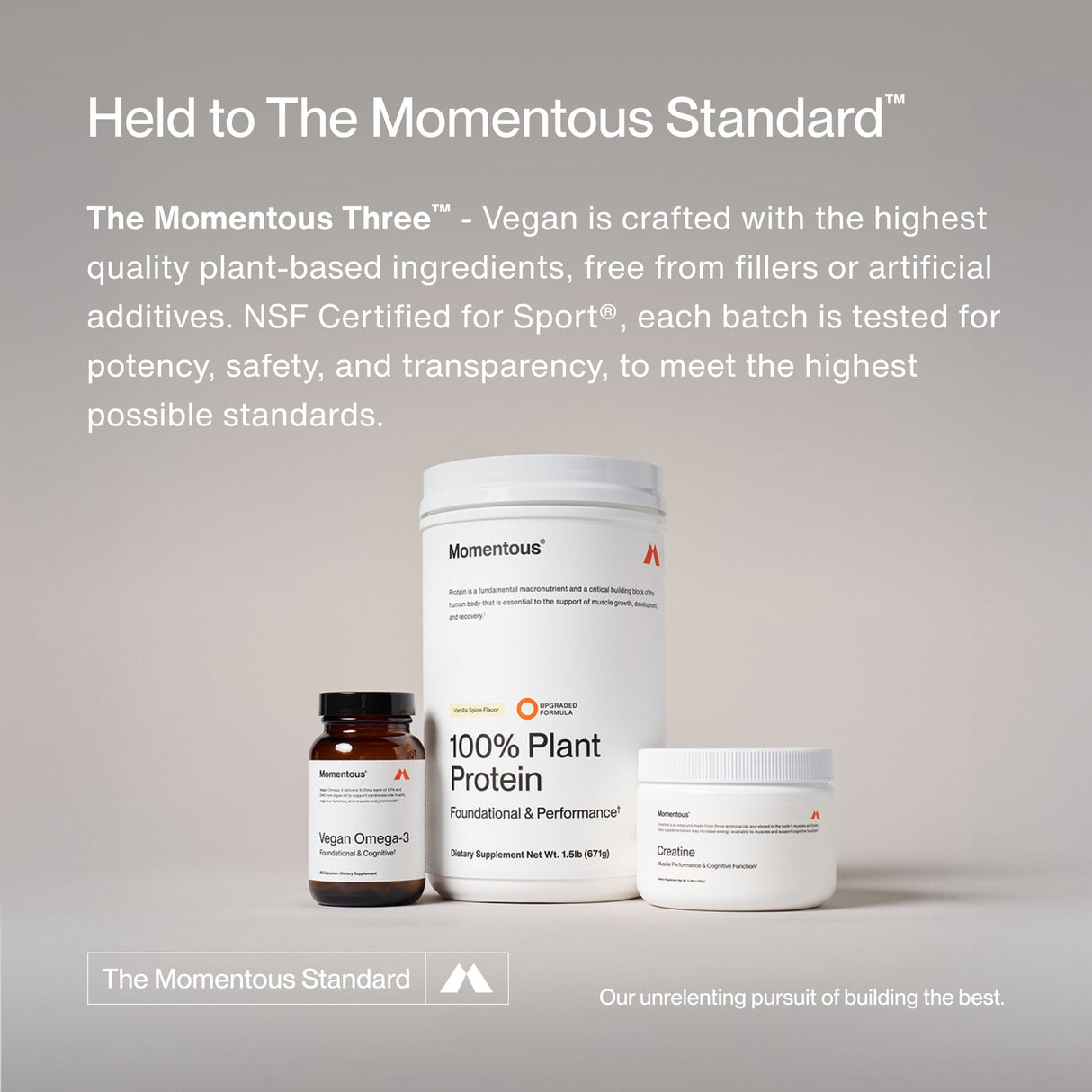 Three white supplement containers labeled "Momentous" are displayed against a neutral background, showcasing The Momentous Three - Vegan collection.