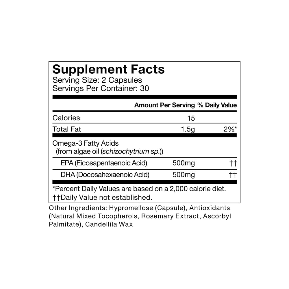 Momentous Vegan Omega-3 Supplement Facts label shows serving size, calories, total fat, Algal Oil vegan omega-3 (EPA and DHA), and other ingredients from Momentous.