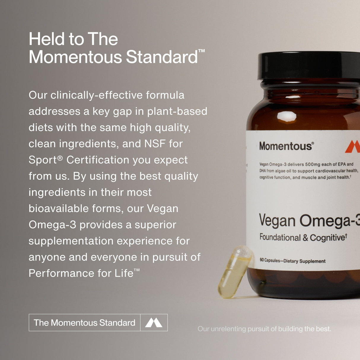 A bottle of Momentous Vegan Omega-3 by Momentous with capsules beside it highlights its clinically-effective, algal oil-based, plant-based omega-3 formula and NSF for Sport certification.