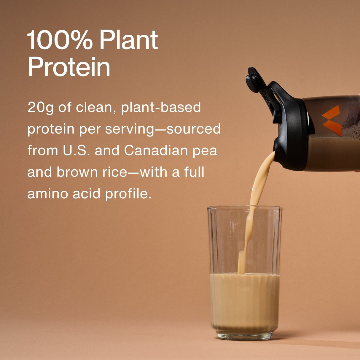 A bottle of Momentous The Momentous Three – Vegan pours a beige shake into a glass; text highlights 20g plant-based protein per serving from U.S. and Canadian pea and brown rice.