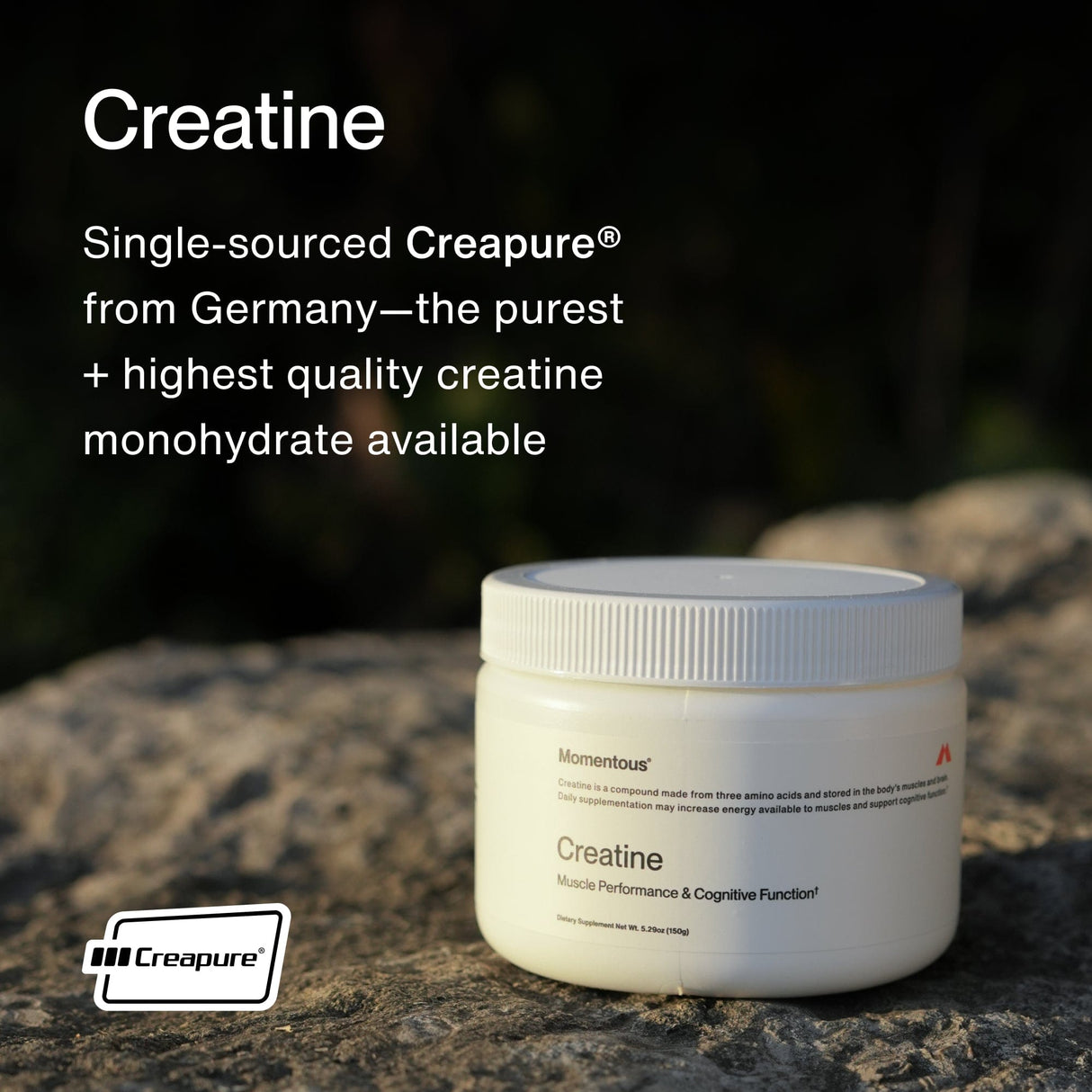A white jar of Momentous The Momentous Three - Vegan sits on a rock outdoors, emphasizing its premium quality—ideal for pairing with your daily omega-3 or vegan protein routine.