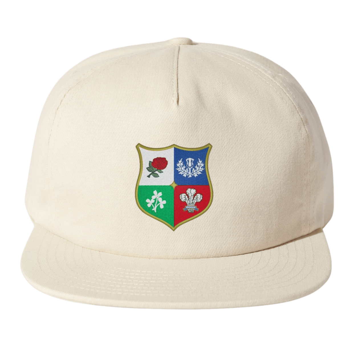 The Nations of Rugby British & Irish Lions Vintage Brushed Cotton Cap by EMB Weld in beige features a vibrant shield emblem with symbols like a rose.