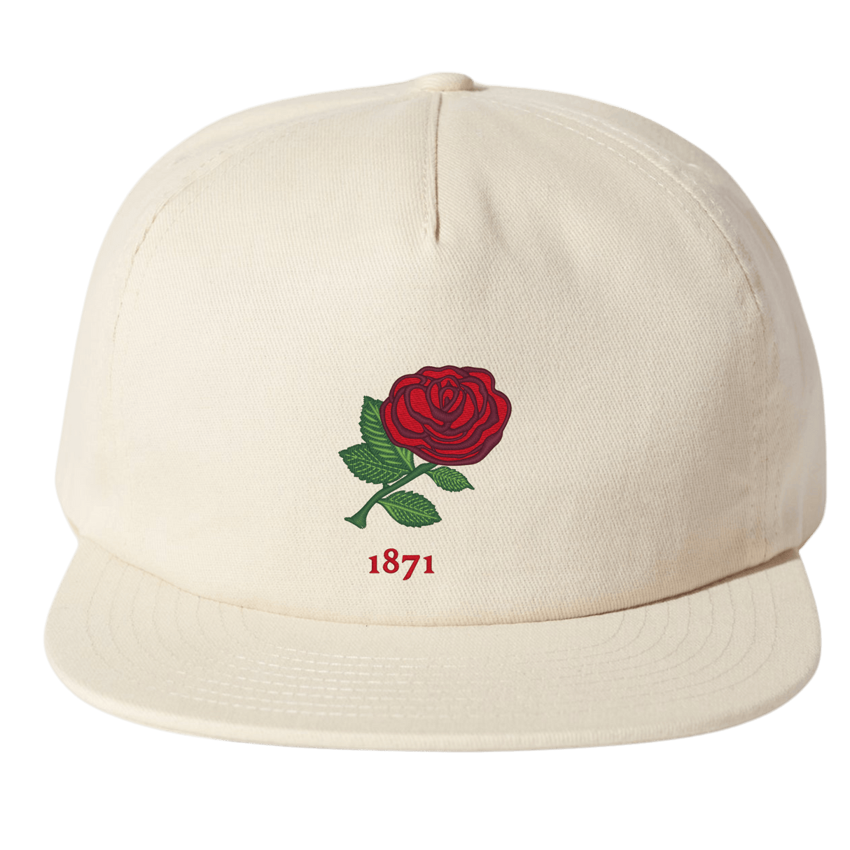 This beige cap from the Nations of Rugby Classics Collection by EMB Weld features a detailed red rose with green leaves and "1871" on the front, embodying the spirit of the England Vintage Rugby Cap.