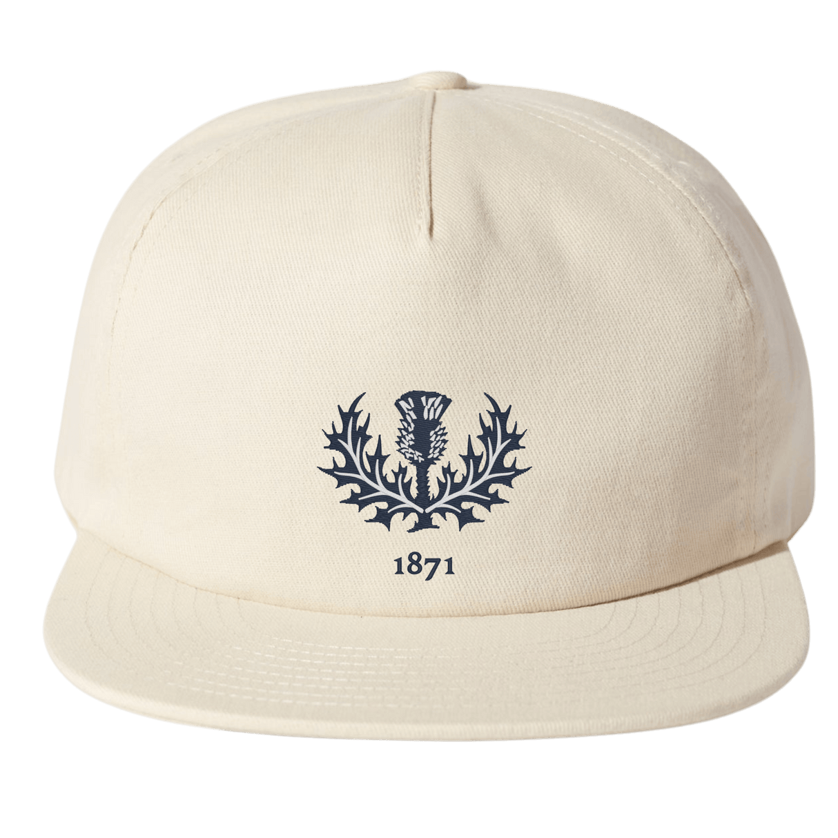 The Nations of Rugby Scotland Vintage Brushed Cotton Cap by EMB Weld features a blue thistle emblem and the number "1871" on the front, with an adjustable snapback closure, perfect for rugby fans.