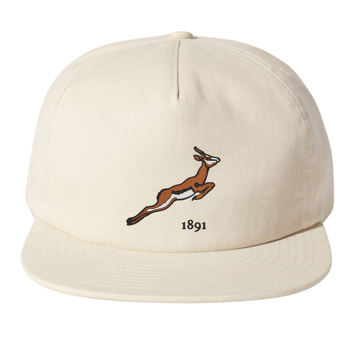 The Nations of Rugby South Africa Vintage Brushed Cotton Cap by EMB Weld is a beige baseball cap with an embroidered leaping antelope and "1891" on the front, offering nostalgic flair and sporty elegance.