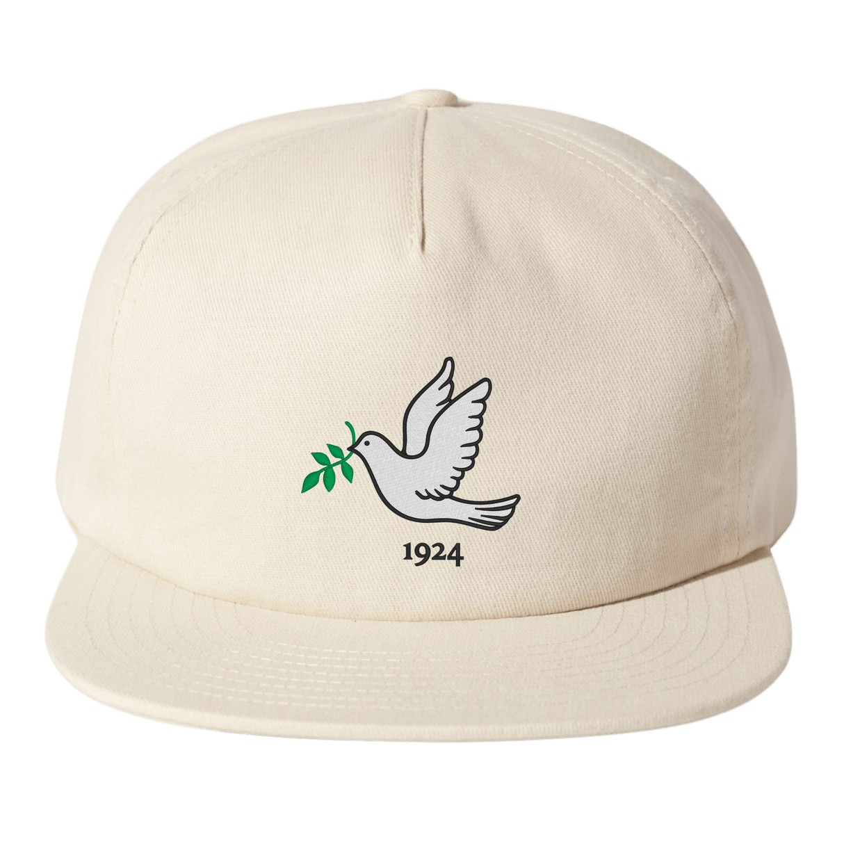 The EMB Weld Nations of Rugby Tonga Vintage Brushed Cotton Cap is crafted from brushed cotton twill in a cream color. It features a white dove graphic holding a green branch, with "1924" inscribed below, capturing the timeless spirit of the collection.