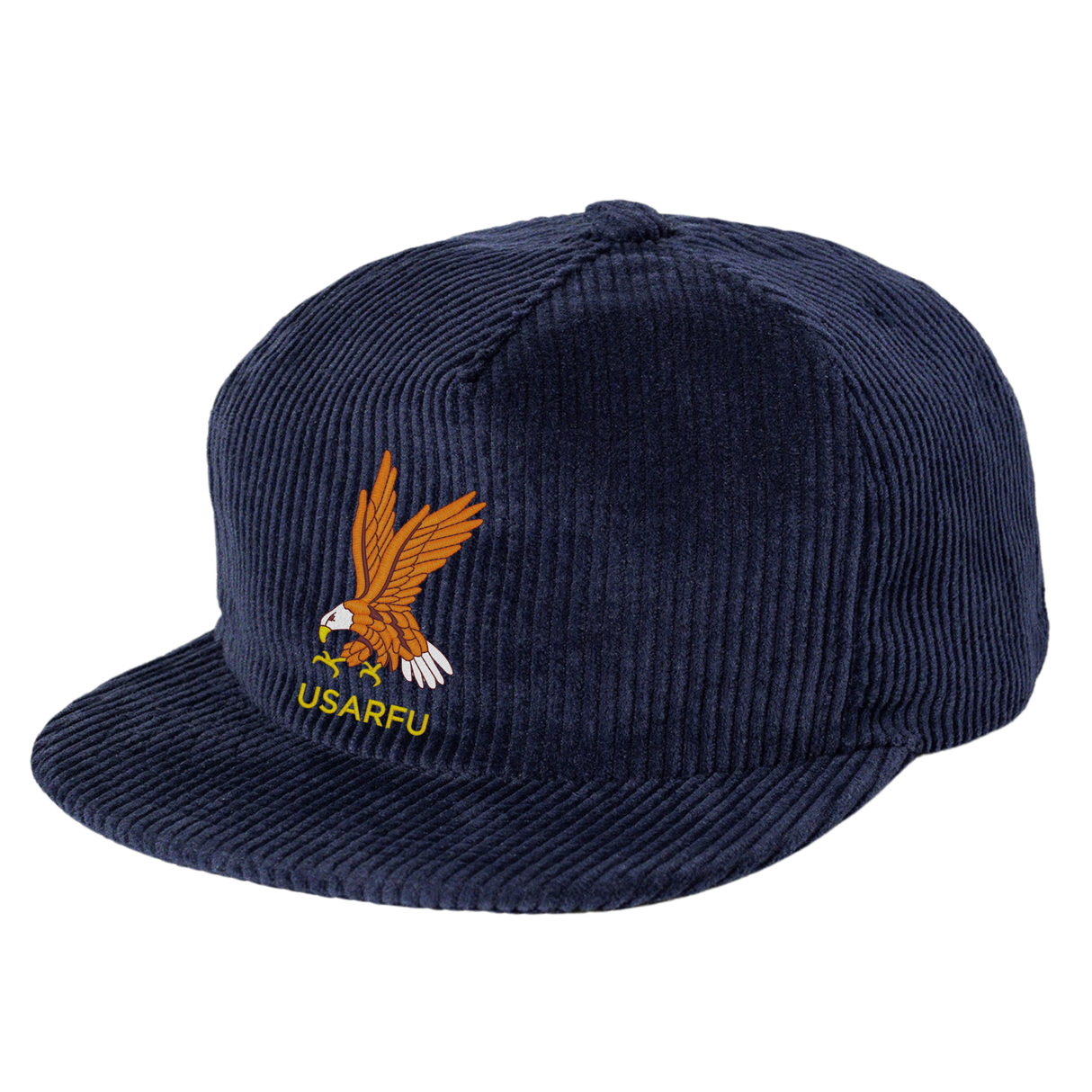 The EMB Weld USA Rugby Heritage Corduroy Hat is a navy blue corduroy cap with an embroidered eagle and "USARFU" on the front, offering vintage workwear style for classic USA Rugby fans.