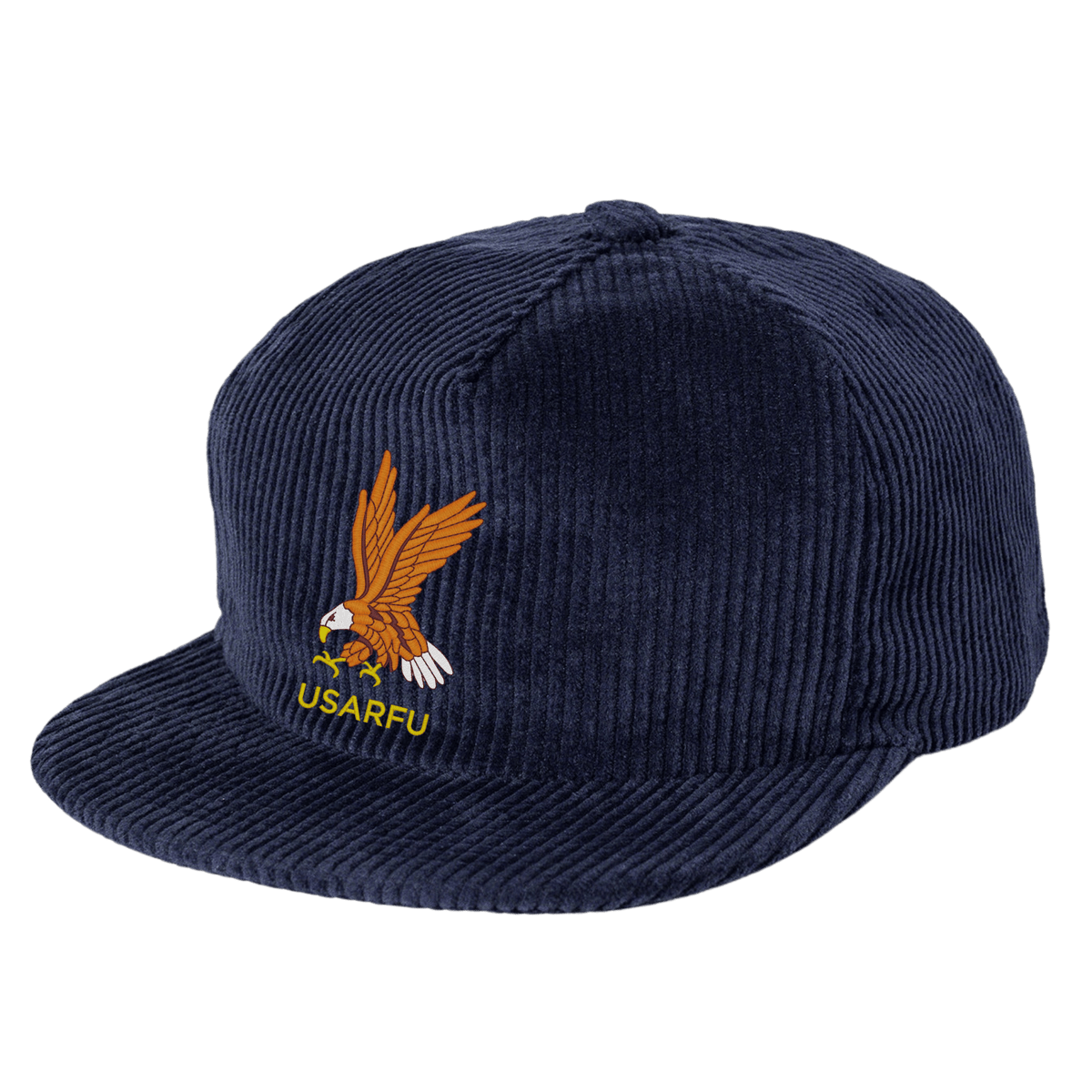 The EMB Weld USA Rugby Heritage Corduroy Hat is a navy blue corduroy cap with an embroidered eagle and "USARFU" on the front, offering vintage workwear style for classic USA Rugby fans.