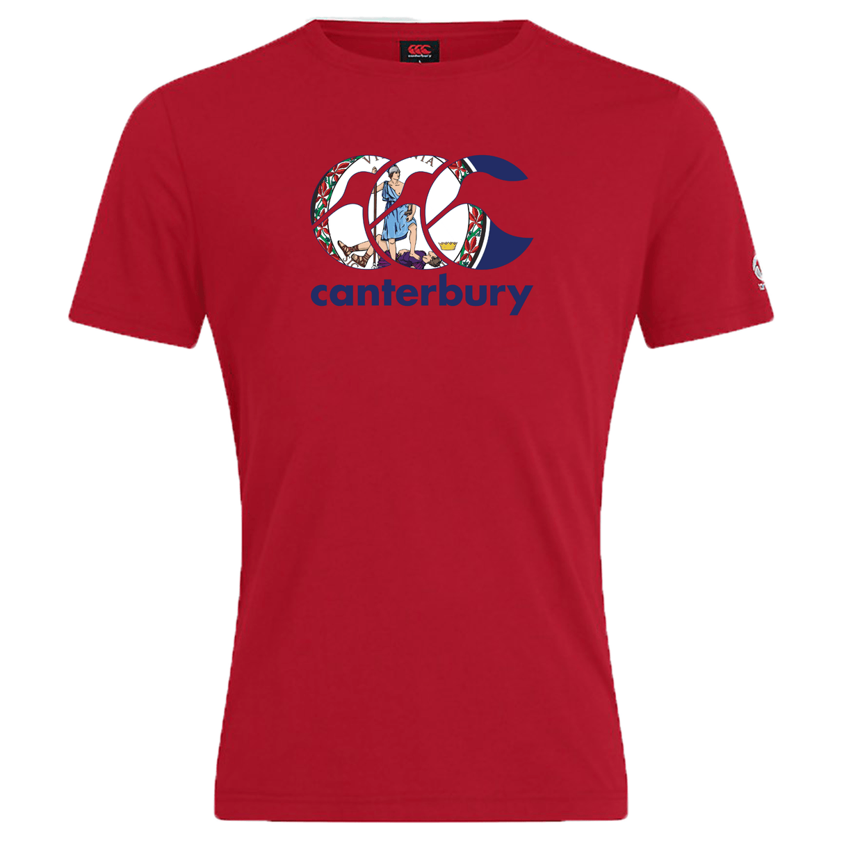 The Canterbury Virginia CCC Flag Club T-shirt by WRS Canterbury is a red short-sleeve rugby tee featuring a bold blue "CCC canterbury" logo and patterned front design.