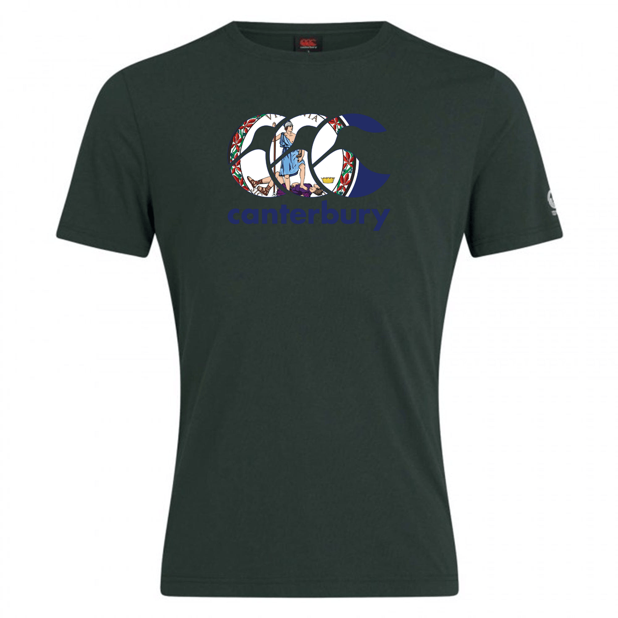 The Canterbury Virginia CCC Flag Club T-shirt by WRS Canterbury is a dark green tee with the iconic logo featuring rugby players and a red floral design—ideal for fans of classic rugby style tees.