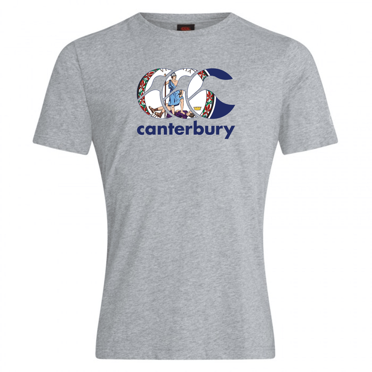 The WRS Canterbury Virginia CCC Flag Club T-shirt is a grey tee with a large "CCC" logo, knight illustration, colorful designs, and "canterbury" in navy—ideal for Canterbury rugby fans.