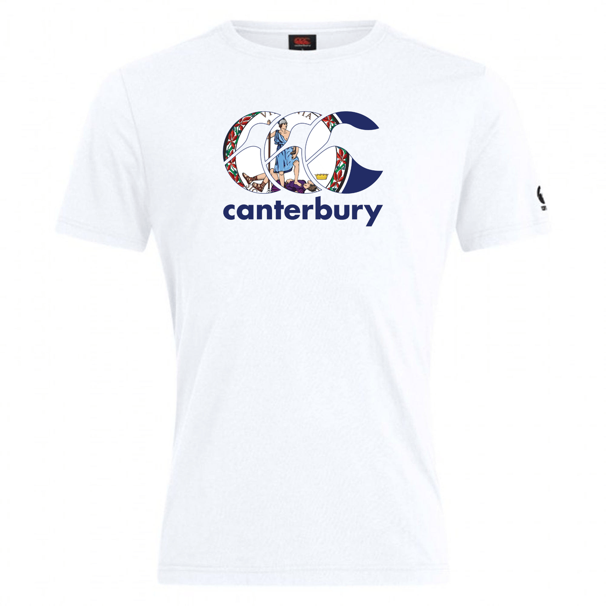 The Canterbury Virginia CCC Flag Club T-shirt by WRS Canterbury is a white rugby tee featuring a bold Canterbury logo with decorative accents and "canterbury" text beneath, inspired by the classic CCC Flag Club style.