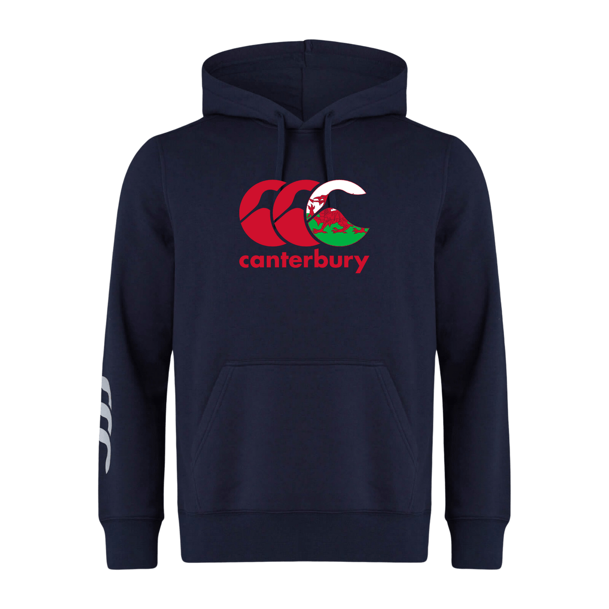 The Canterbury Wales CCC Flag Club Hoodie by WRS Canterbury features a red and white CCC logo on the chest and a small white sleeve design on navy blue sweatshirt fleece, combining style and comfort for casual wear.