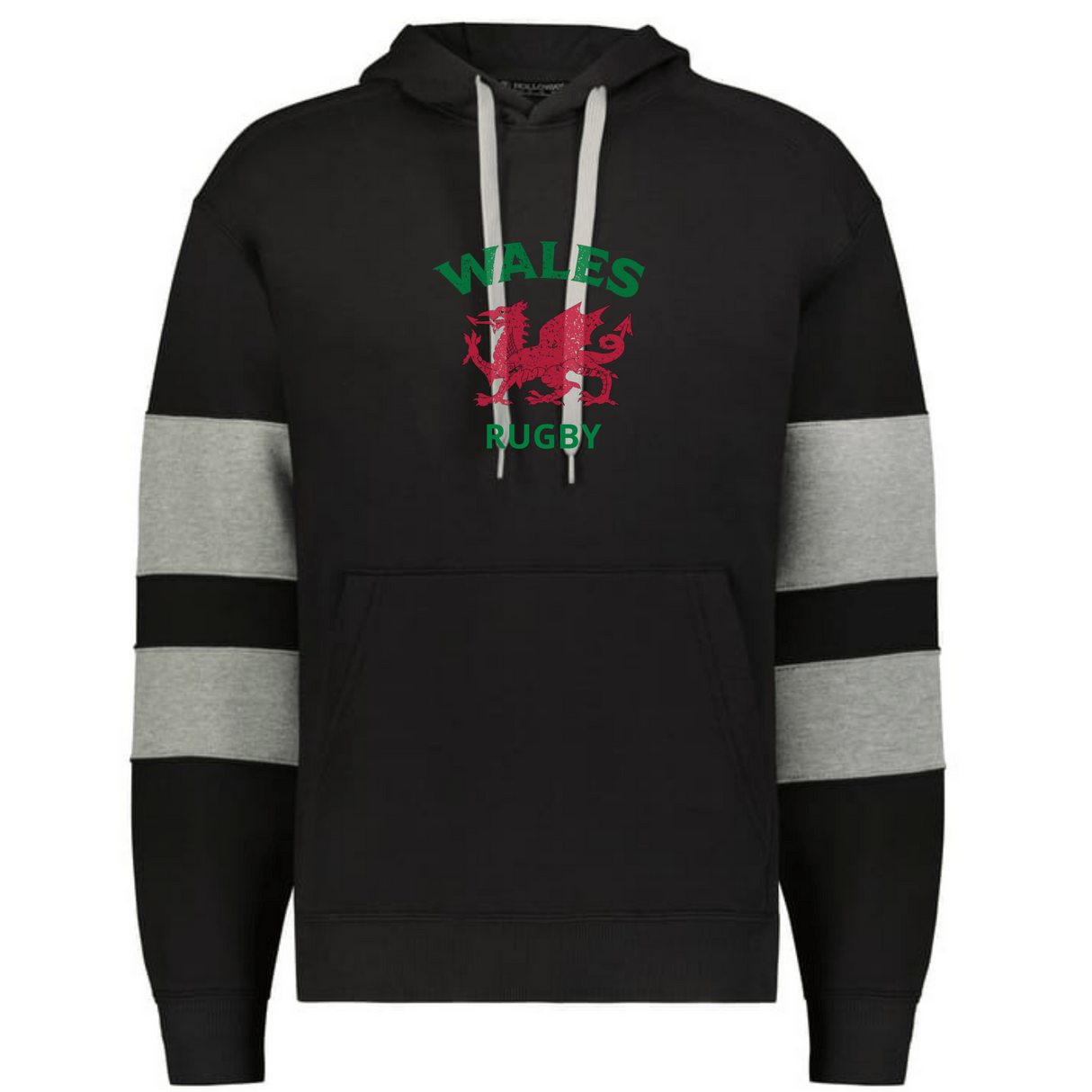 The WRS Augusta Nations of Rugby Wales Jackson Way Hoodie is a black top with grey sleeve stripes, featuring a red dragon and green "WALES RUGBY" text on the chest.