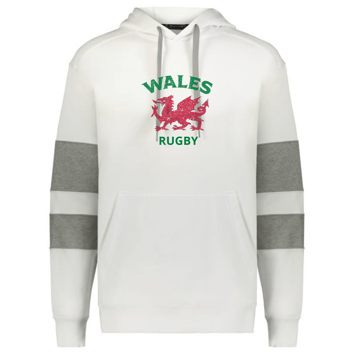 The WRS Augusta Nations of Rugby Wales Jackson Way Hoodie features grey-striped sleeves, a front pocket, and "WALES RUGBY" text with a red Welsh dragon—perfect for showing your rugby pride.