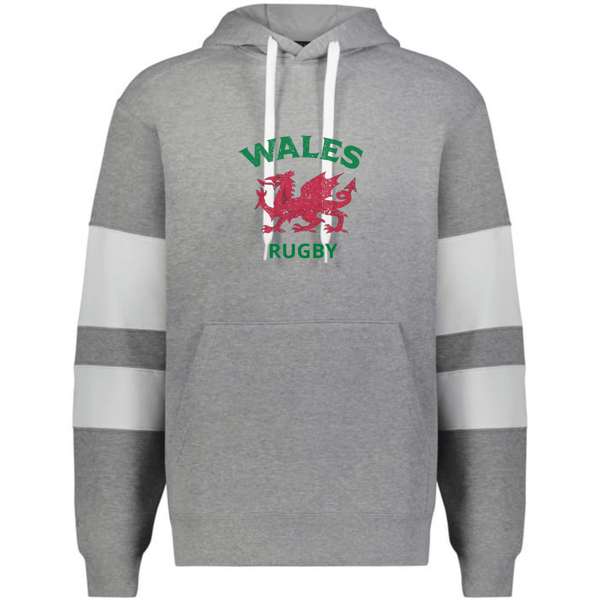 The WRS Augusta Nations of Rugby Wales Jackson Way Hoodie is gray with white drawstrings, two white sleeve stripes, "WALES RUGBY" text, and a red dragon emblem on the chest.
