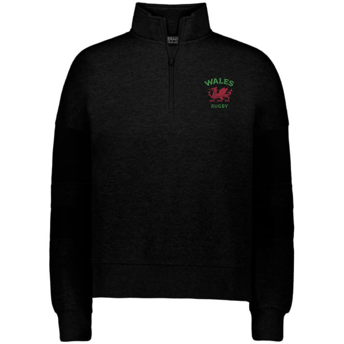 Stay warm and stylish in the EMB Augusta Women's Nations of Rugby Wales Jackson Way Pullover, featuring a black rugby fleece quarter-zip with "Wales Rugby" and a red dragon logo on the left chest.